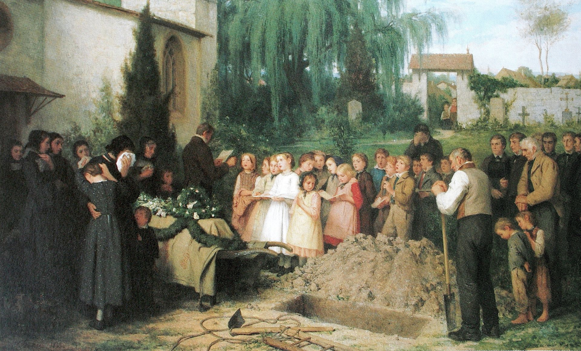 Поминки ребенка. Поминки на деревенском кладбище.картина а.и. Корзухина (1865). («Похороны в бедном квартале в Париже» 1863.